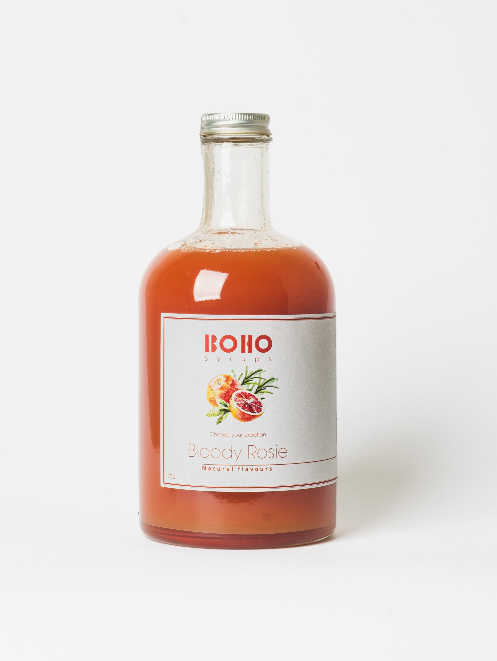 Fles 70 cl BOHO bloedappelsien rozemarijn siroop – frisse citrus gecombineerd met kruidige rozemarijn, ideaal voor mocktails, limonades en cocktails