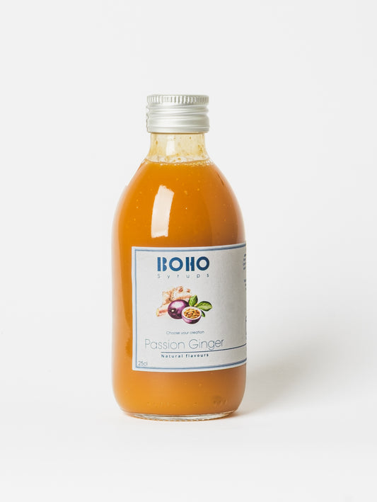 Fles 25 cl BOHO passievrucht gember siroop – tropische en licht kruidige smaak, ideaal voor limonades, mocktails en cocktails